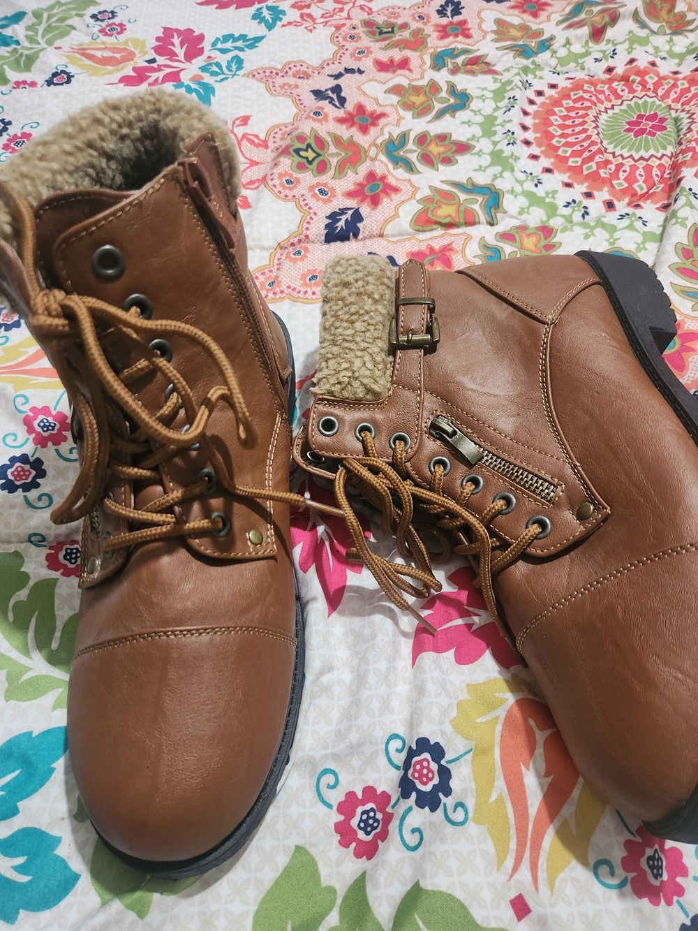Wanted Tan Faux-Shearling Lace-Up Ankle Booties